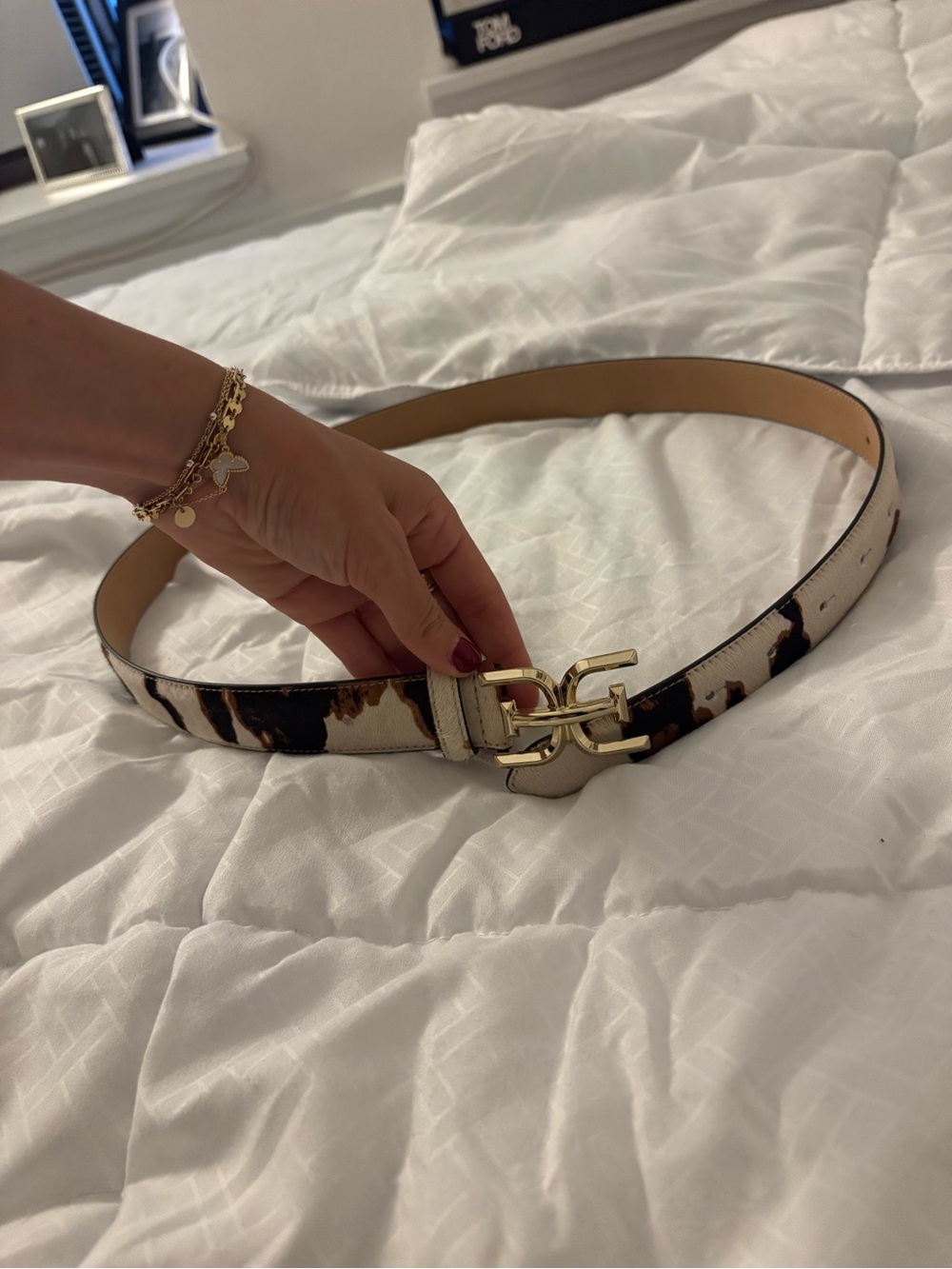Sam Edelman Cow faux fur Belt with Gold Buckle